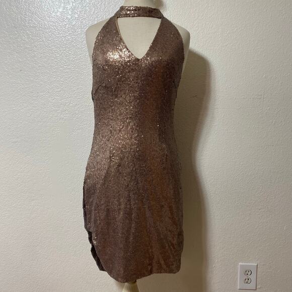 Morrisday The Label Brown Sequined Halter Mini Cocktail Dress Open Back Size L - Picture 1 of 5